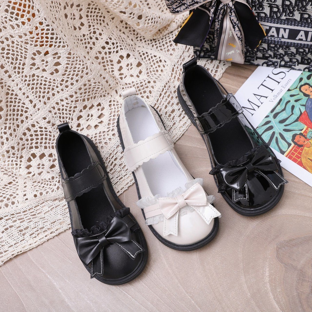 Giày Búp Bê Da Đính Nơ Phong Cách lolita Xinh Xắn Cho Nữ