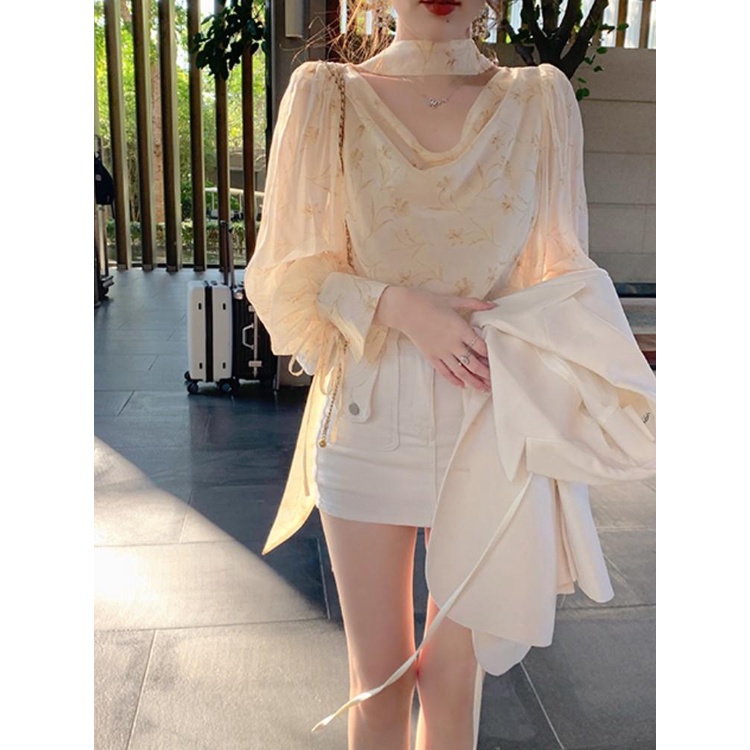 Jiashucheng Áo Sơ Mi Chiffon Cổ Chữ v Tay Phồng Họa Tiết Hoa Phong Cách Pháp Thời Trang Mùa Hè Cho Nữ