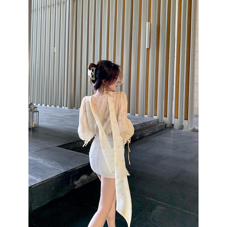 Jiashucheng Áo Sơ Mi Chiffon Cổ Chữ v Tay Phồng Họa Tiết Hoa Phong Cách Pháp Thời Trang Mùa Hè Cho Nữ