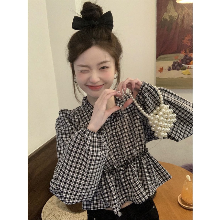 Jiashucheng Áo Sơ Mi Tay Dài Phồng Cổ Vuông Họa Tiết Kẻ Sọc Thời Trang Mùa Xuân 2023 Mới Cho Nữ