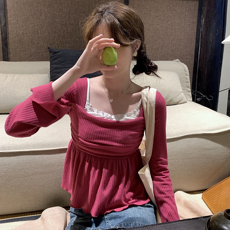 Jiashucheng Áo Thun Tay Loe Dài Cổ Vuông Dáng Ôm Thời Trang Mùa Xuân Dành Cho Bạn Nữ