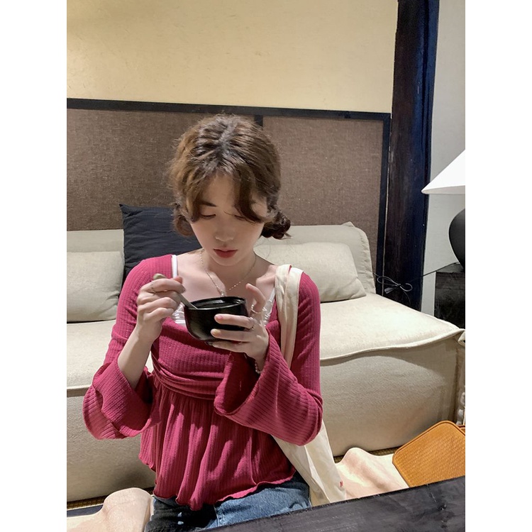 Jiashucheng Áo Thun Tay Loe Dài Cổ Vuông Dáng Ôm Thời Trang Mùa Xuân Dành Cho Bạn Nữ