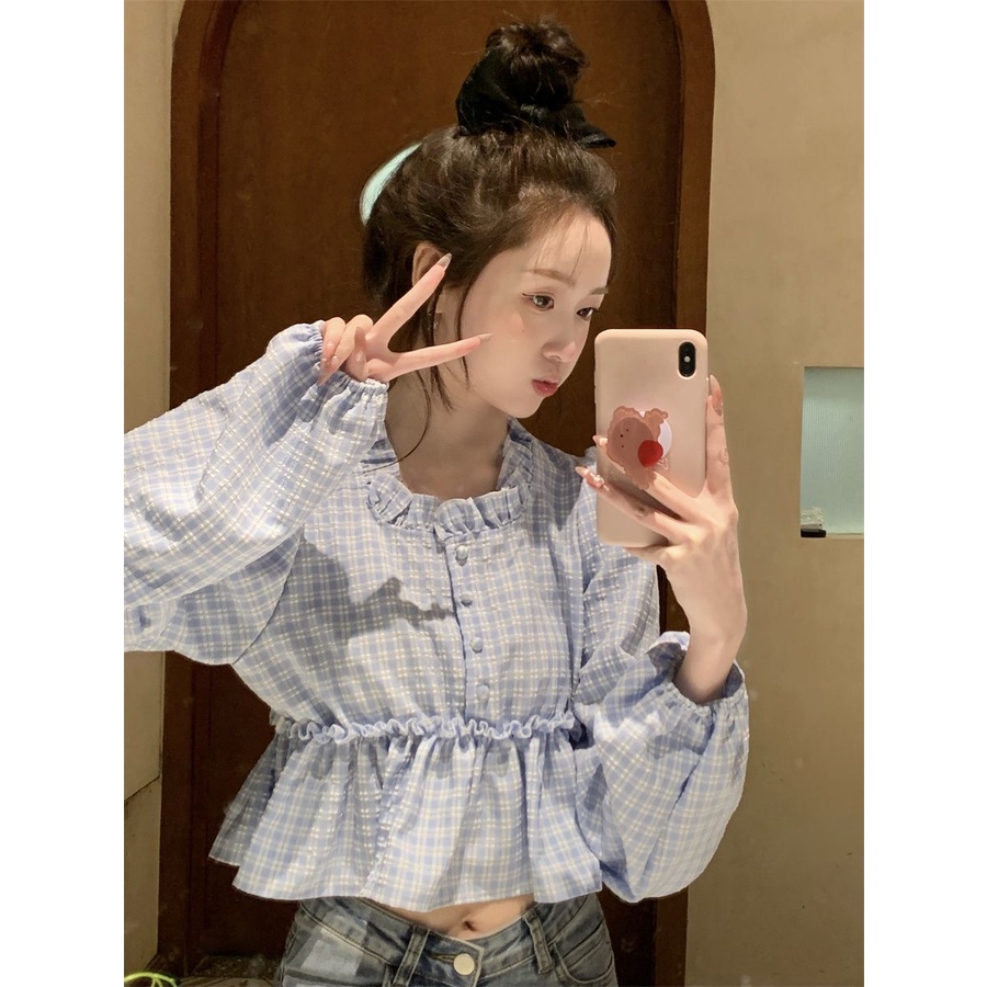 Jiashucheng Áo Sơ Mi Tay Dài Phồng Cổ Vuông Họa Tiết Kẻ Sọc Thời Trang Mùa Xuân 2023 Mới Cho Nữ