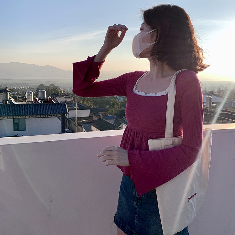 Jiashucheng Áo Thun Tay Loe Dài Cổ Vuông Dáng Ôm Thời Trang Mùa Xuân Dành Cho Bạn Nữ