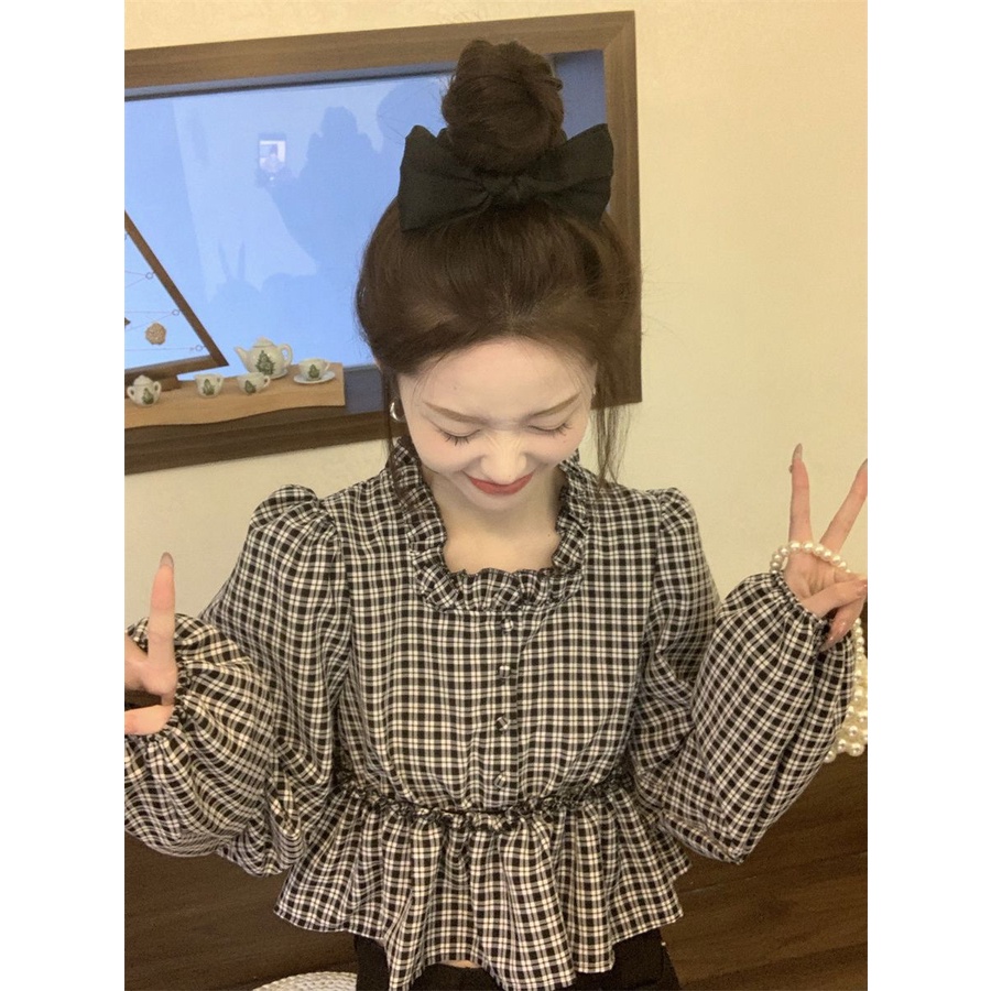 Jiashucheng Áo Sơ Mi Tay Dài Phồng Cổ Vuông Họa Tiết Kẻ Sọc Thời Trang Mùa Xuân 2023 Mới Cho Nữ