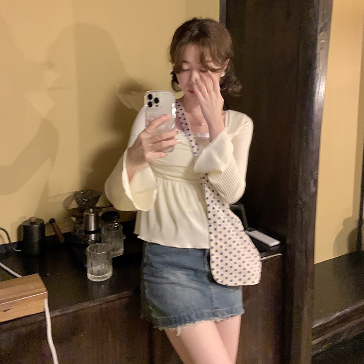 Jiashucheng Áo Thun Tay Loe Dài Cổ Vuông Dáng Ôm Thời Trang Mùa Xuân Dành Cho Bạn Nữ