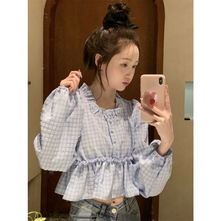 Jiashucheng Áo Sơ Mi Tay Dài Phồng Cổ Vuông Họa Tiết Kẻ Sọc Thời Trang Mùa Xuân 2023 Mới Cho Nữ