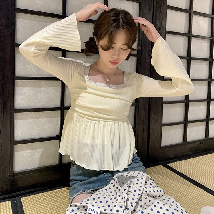 Jiashucheng Áo Thun Tay Loe Dài Cổ Vuông Dáng Ôm Thời Trang Mùa Xuân Dành Cho Bạn Nữ