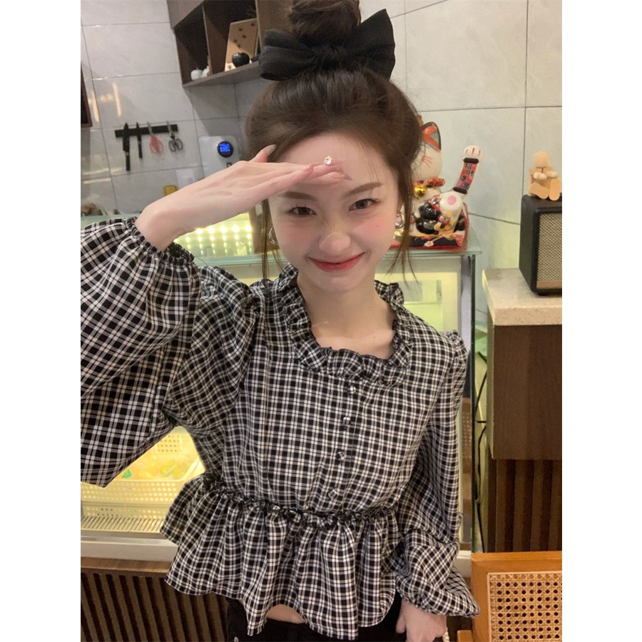 Jiashucheng Áo Sơ Mi Tay Dài Phồng Cổ Vuông Họa Tiết Kẻ Sọc Thời Trang Mùa Xuân 2023 Mới Cho Nữ