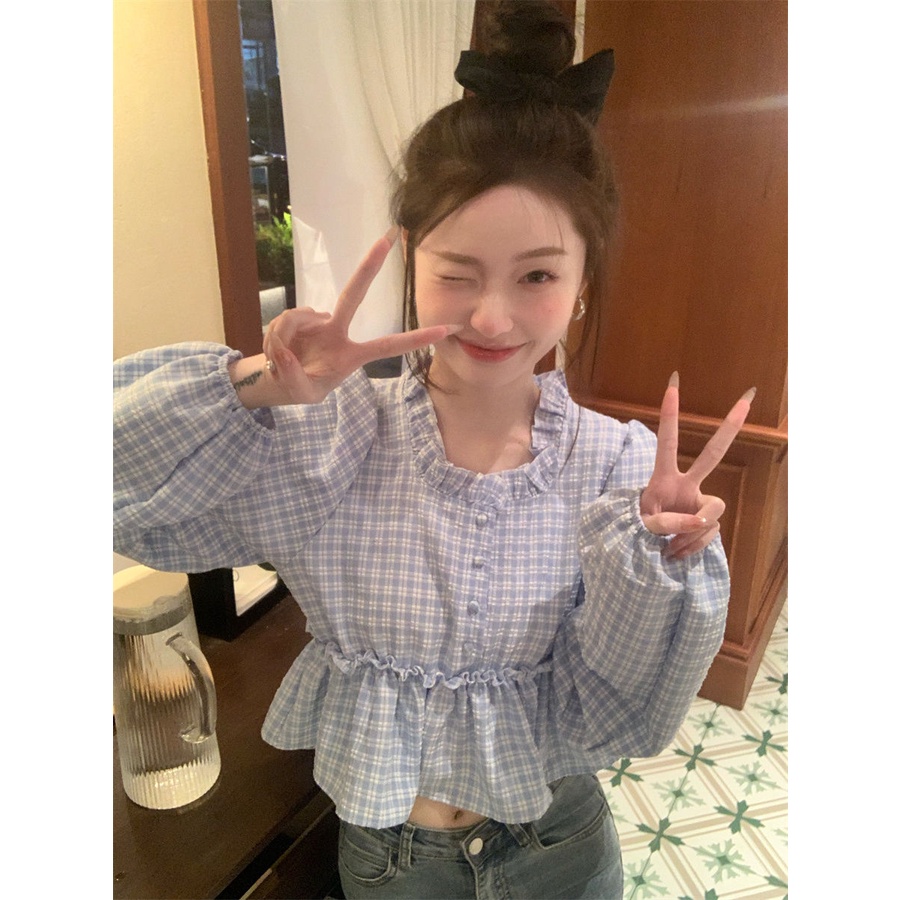 Jiashucheng Áo Sơ Mi Tay Dài Phồng Cổ Vuông Họa Tiết Kẻ Sọc Thời Trang Mùa Xuân 2023 Mới Cho Nữ