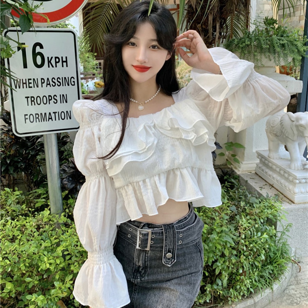 Jiashucheng Áo Sơ Mi Tay Dài Phồng Cổ Vuông Phong Cách Phương Tây Thời Trang Mùa Thu Mới Cho Nữ