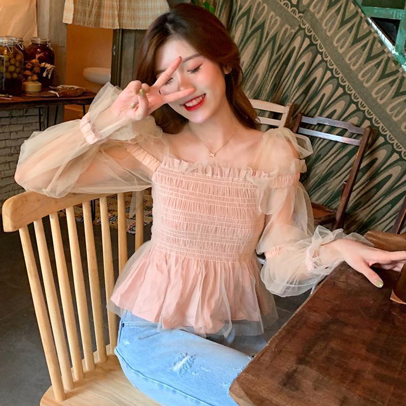 Jiashucheng Áo Thun Tay Dài Phồng Cổ Phẳng Xếp Ly Thời Trang Mùa Thu 2023 Phong Cách Pháp Ngọt Ngào Cho Nữ