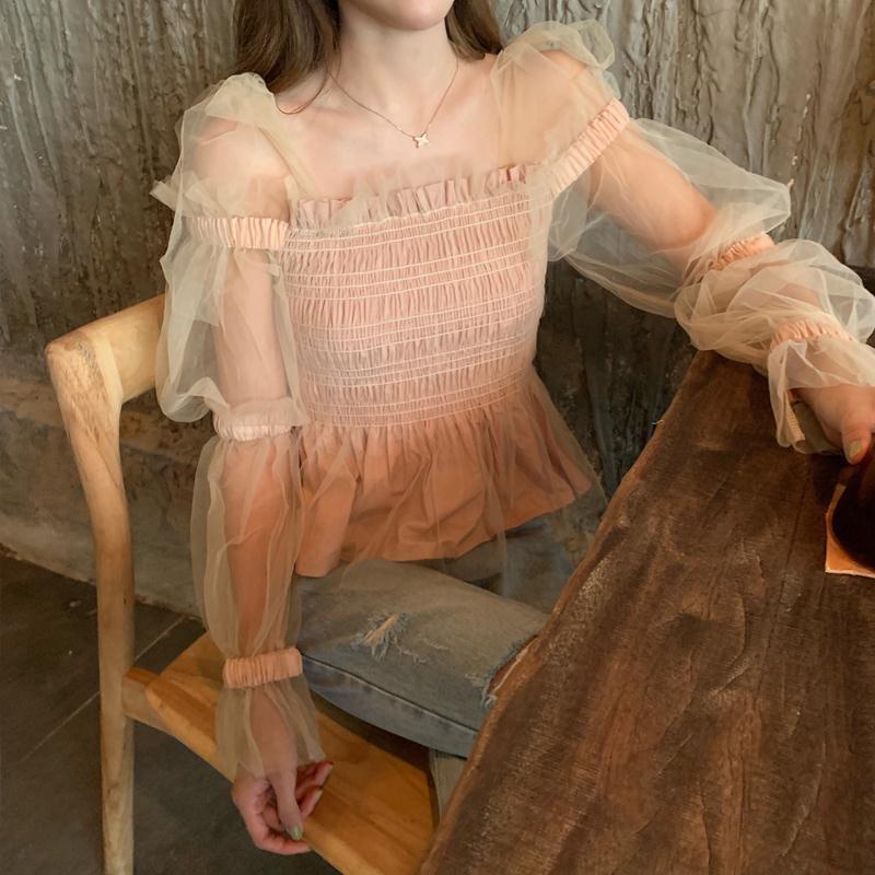 Jiashucheng Áo Thun Tay Dài Phồng Cổ Phẳng Xếp Ly Thời Trang Mùa Thu 2023 Phong Cách Pháp Ngọt Ngào Cho Nữ