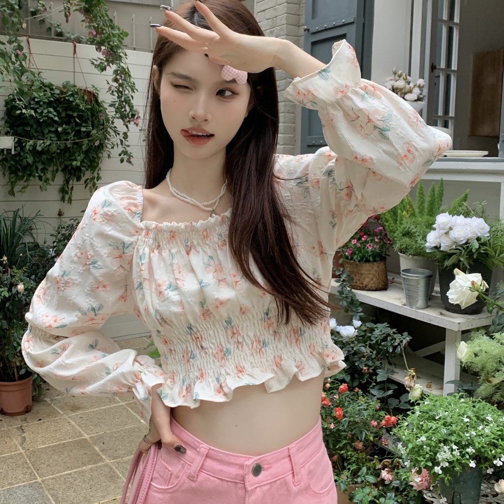 Jiashucheng Áo Sơ Mi Chiffon Tay Dài Cổ Vuông In Họa Tiết Hoa Phong Cách Pháp Ngọt Ngào Thời Trang Mùa Xuân Cho Nữ