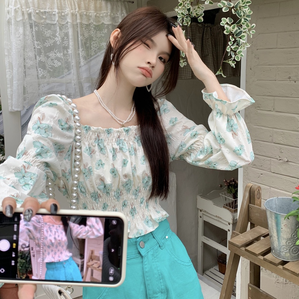 Jiashucheng Áo Sơ Mi Chiffon Tay Dài Cổ Vuông In Họa Tiết Hoa Phong Cách Pháp Ngọt Ngào Thời Trang Mùa Xuân Cho Nữ