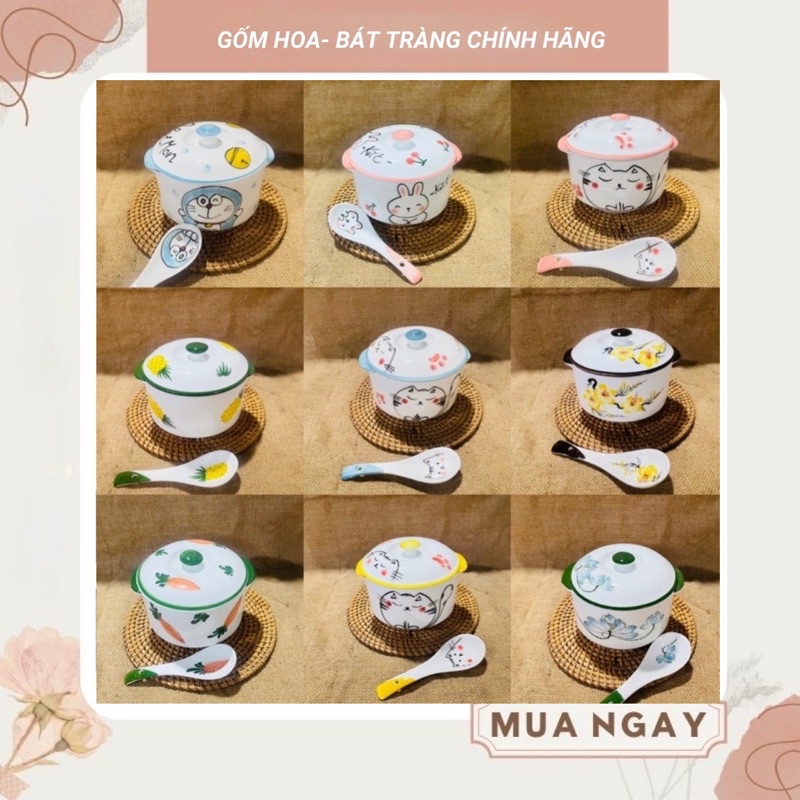 Thố Sứ Chưng Yến Có Nắp Đậy Hoạ Tiết Vẽ Tay- Âu Đựng Thức Ăn- bát nắp sứ