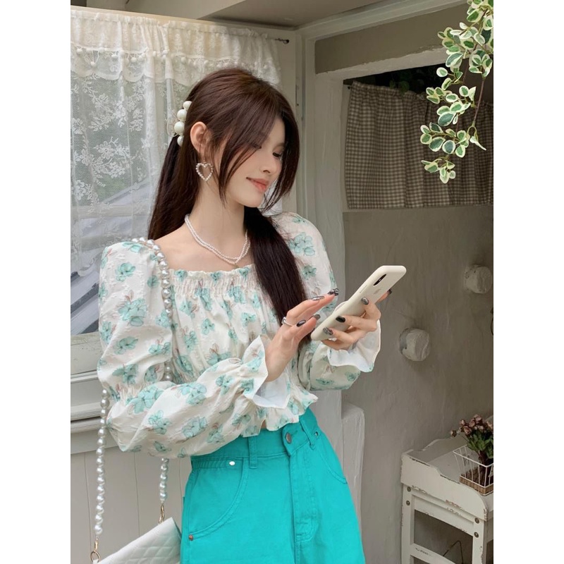 Jiashucheng Áo Sơ Mi Chiffon Tay Dài Cổ Vuông In Họa Tiết Hoa Phong Cách Pháp Ngọt Ngào Thời Trang Mùa Xuân Cho Nữ