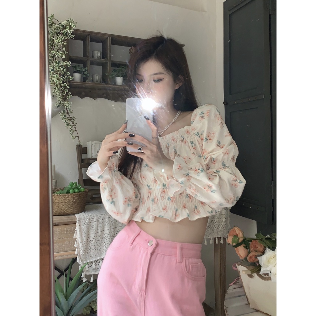 Jiashucheng Áo Sơ Mi Chiffon Tay Dài Cổ Vuông In Họa Tiết Hoa Phong Cách Pháp Ngọt Ngào Thời Trang Mùa Xuân Cho Nữ