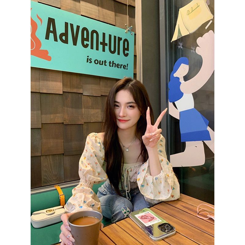 Jiashucheng Áo Kiểu Cổ Vuông Tay Phồng Họa Tiết Hoa Phong Cách Retro Pháp Thời Trang Xuân Hè Cho Nữ