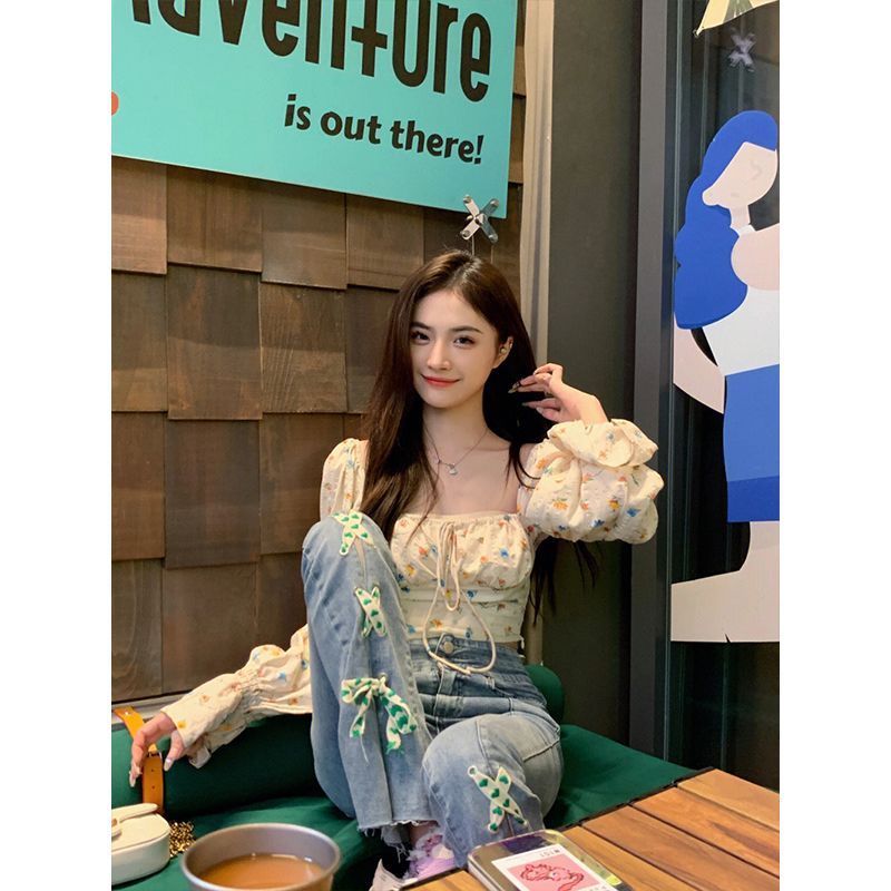 Jiashucheng Áo Kiểu Cổ Vuông Tay Phồng Họa Tiết Hoa Phong Cách Retro Pháp Thời Trang Xuân Hè Cho Nữ