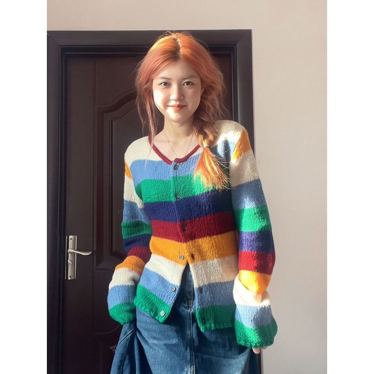 Jiashucheng Áo Sweater Tay Dài Dáng Rộng Kẻ Sọc Mềm Mại Thời Trang Xuân Thu Cho Nữ