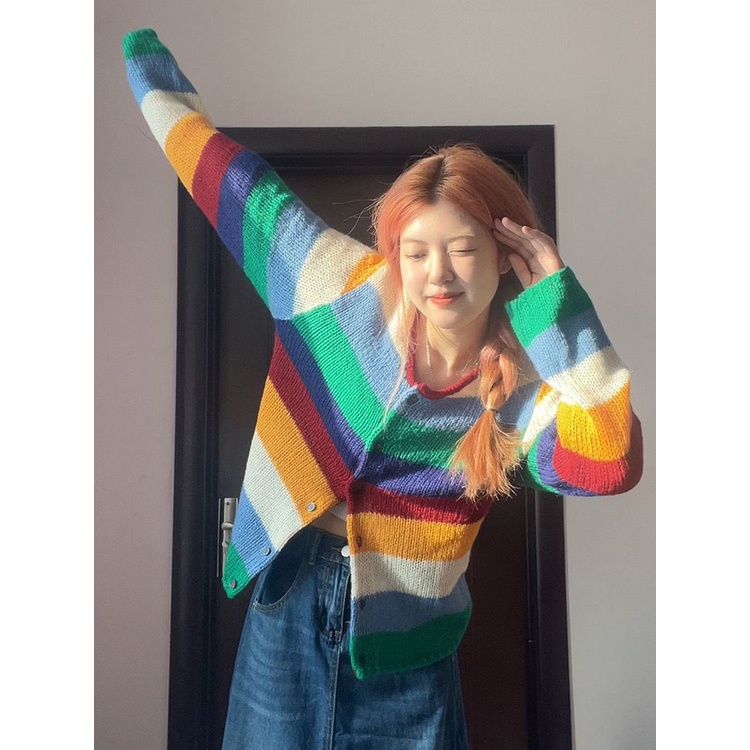 Jiashucheng Áo Sweater Tay Dài Dáng Rộng Kẻ Sọc Mềm Mại Thời Trang Xuân Thu Cho Nữ