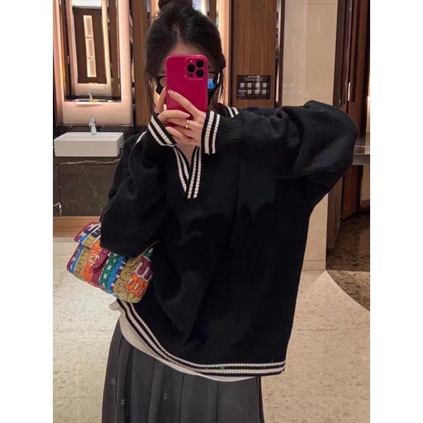 Jiashucheng Áo Sweater Dệt Kim Cổ polo Dáng Rộng Ngắn Thời Trang Xuân Thu Phong Cách Mới Cho Nữ