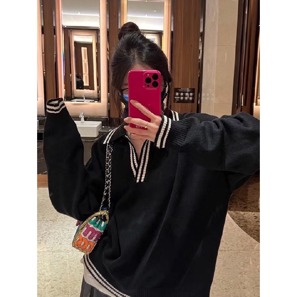 Jiashucheng Áo Sweater Dệt Kim Cổ polo Dáng Rộng Ngắn Thời Trang Xuân Thu Phong Cách Mới Cho Nữ