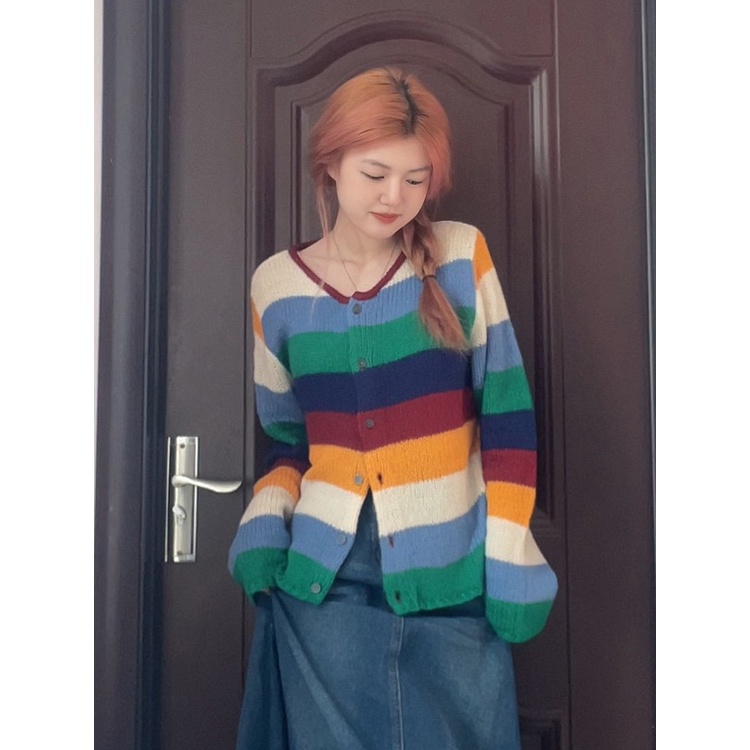 Jiashucheng Áo Sweater Tay Dài Dáng Rộng Kẻ Sọc Mềm Mại Thời Trang Xuân Thu Cho Nữ