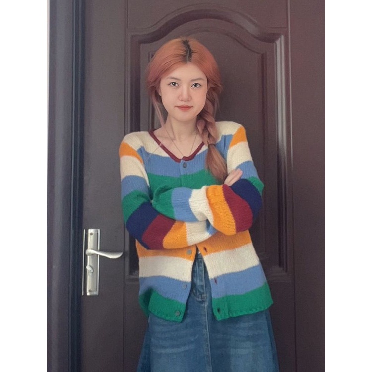 Jiashucheng Áo Sweater Tay Dài Dáng Rộng Kẻ Sọc Mềm Mại Thời Trang Xuân Thu Cho Nữ