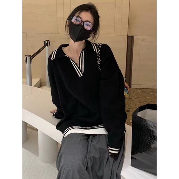 Jiashucheng Áo Sweater Dệt Kim Cổ polo Dáng Rộng Ngắn Thời Trang Xuân Thu Phong Cách Mới Cho Nữ