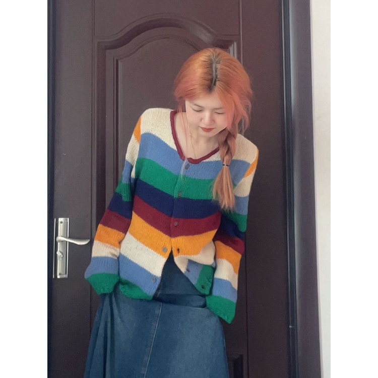 Jiashucheng Áo Sweater Tay Dài Dáng Rộng Kẻ Sọc Mềm Mại Thời Trang Xuân Thu Cho Nữ