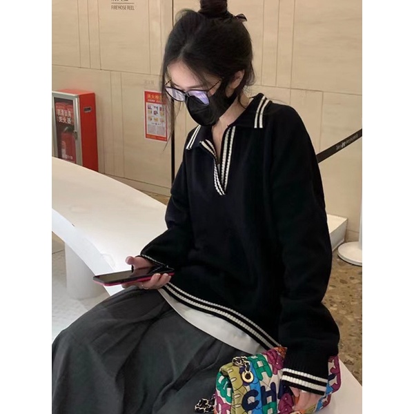 Jiashucheng Áo Sweater Dệt Kim Cổ polo Dáng Rộng Ngắn Thời Trang Xuân Thu Phong Cách Mới Cho Nữ