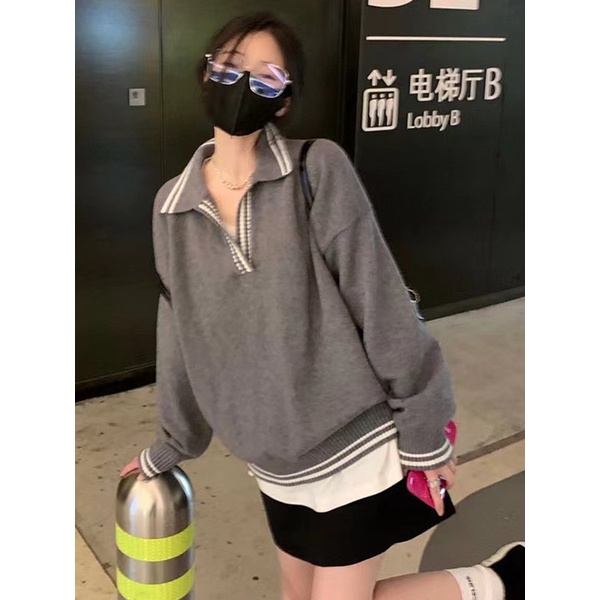 Jiashucheng Áo Sweater Dệt Kim Cổ polo Dáng Rộng Ngắn Thời Trang Xuân Thu Phong Cách Mới Cho Nữ