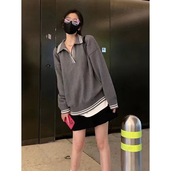 Jiashucheng Áo Sweater Dệt Kim Cổ polo Dáng Rộng Ngắn Thời Trang Xuân Thu Phong Cách Mới Cho Nữ