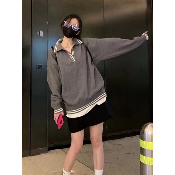 Jiashucheng Áo Sweater Dệt Kim Cổ polo Dáng Rộng Ngắn Thời Trang Xuân Thu Phong Cách Mới Cho Nữ