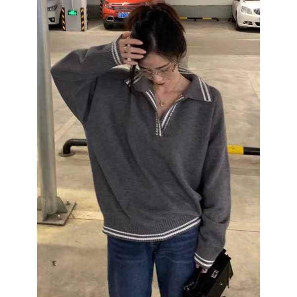 Jiashucheng Áo Sweater Dệt Kim Cổ polo Dáng Rộng Ngắn Thời Trang Xuân Thu Phong Cách Mới Cho Nữ
