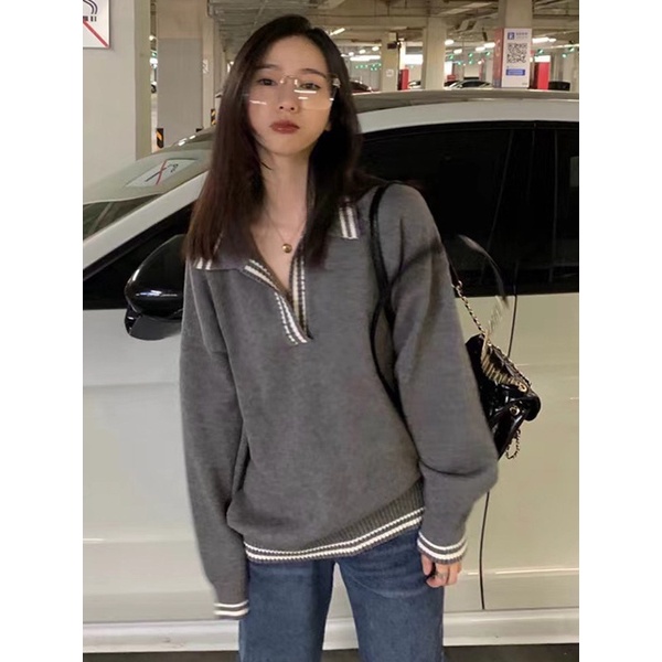 Jiashucheng Áo Sweater Dệt Kim Cổ polo Dáng Rộng Ngắn Thời Trang Xuân Thu Phong Cách Mới Cho Nữ