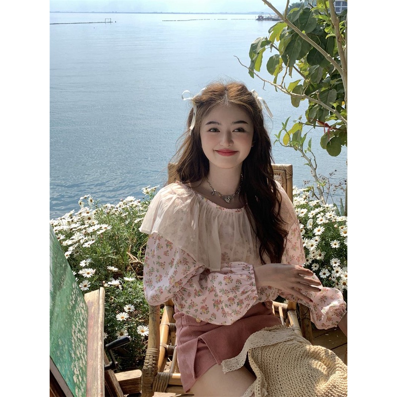 Jiashucheng Áo Sơ Mi Tay Dài Phồng Phối Bèo Họa Tiết Hoa Thời Trang Mùa Hè Hàn Quốc 2023 Mới