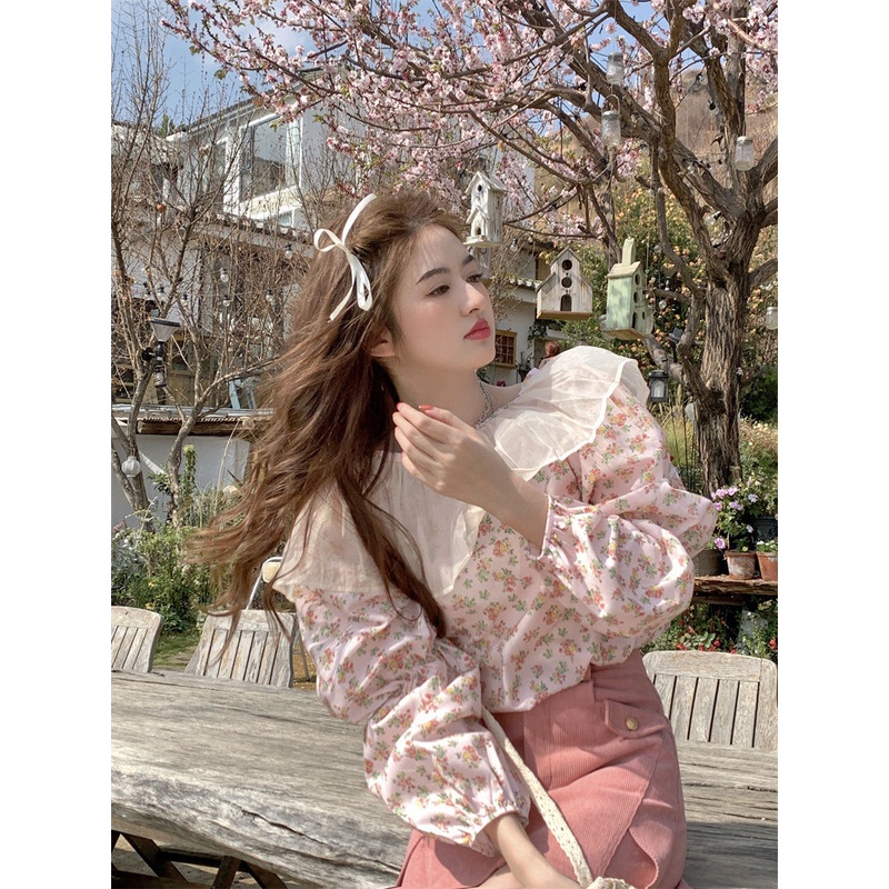 Jiashucheng Áo Sơ Mi Tay Dài Phồng Phối Bèo Họa Tiết Hoa Thời Trang Mùa Hè Hàn Quốc 2023 Mới