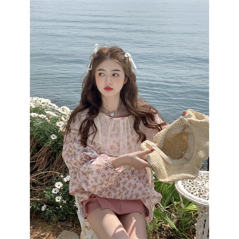 Jiashucheng Áo Sơ Mi Tay Dài Phồng Phối Bèo Họa Tiết Hoa Thời Trang Mùa Hè Hàn Quốc 2023 Mới