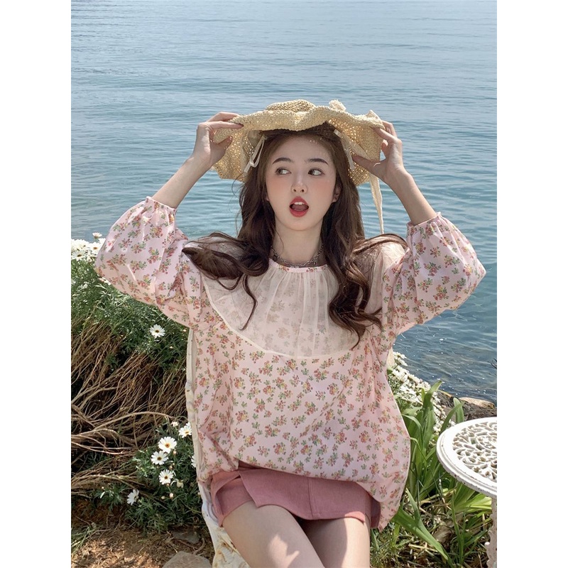 Jiashucheng Áo Sơ Mi Tay Dài Phồng Phối Bèo Họa Tiết Hoa Thời Trang Mùa Hè Hàn Quốc 2023 Mới