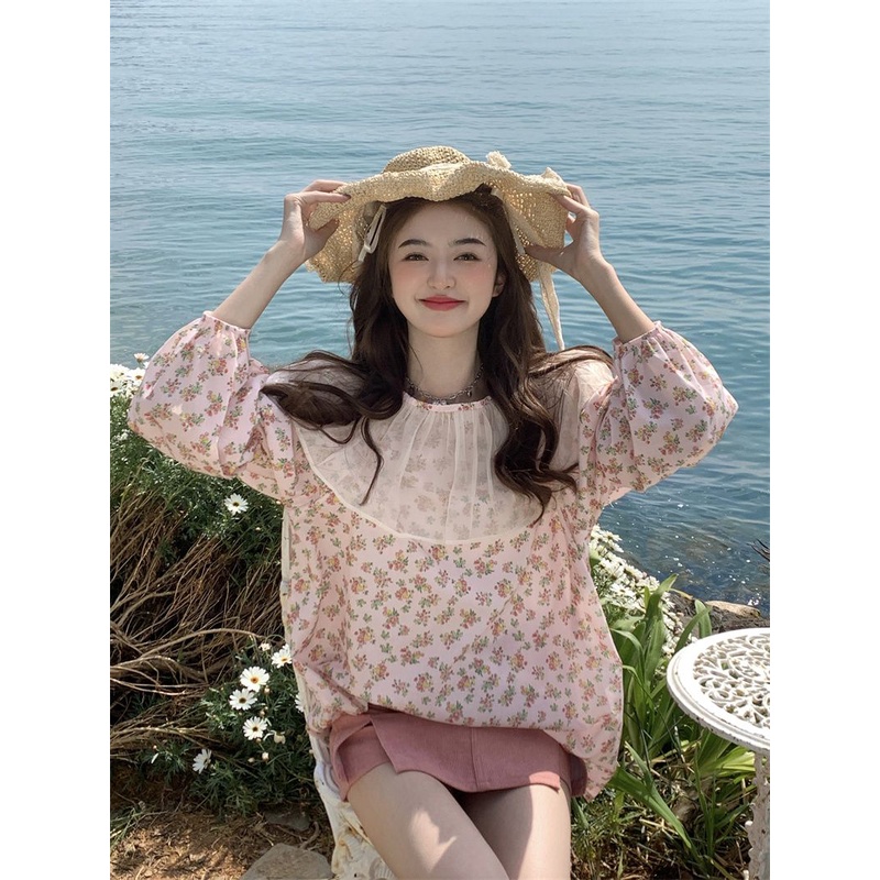 Jiashucheng Áo Sơ Mi Tay Dài Phồng Phối Bèo Họa Tiết Hoa Thời Trang Mùa Hè Hàn Quốc 2023 Mới