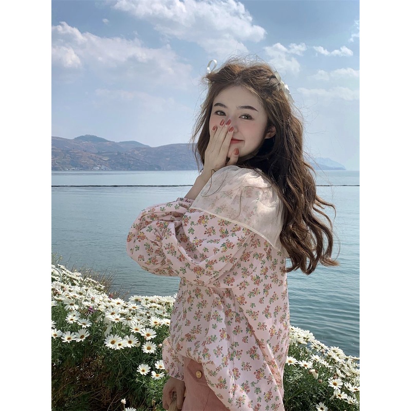 Jiashucheng Áo Sơ Mi Tay Dài Phồng Phối Bèo Họa Tiết Hoa Thời Trang Mùa Hè Hàn Quốc 2023 Mới