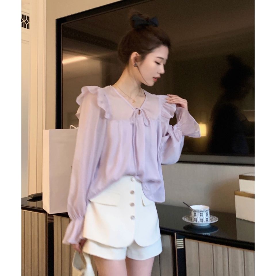 Jiashucheng Áo Sơ Mi Màu Tím Nhỏ Thắt Dây Viền Nấm Phong Cách Sớm Mùa Xuân Mới Cho Nữ