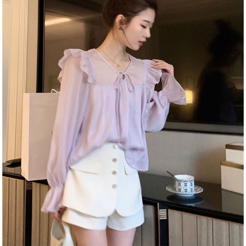 Jiashucheng Áo Sơ Mi Màu Tím Nhỏ Thắt Dây Viền Nấm Phong Cách Sớm Mùa Xuân Mới Cho Nữ