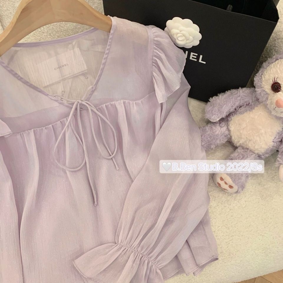 Jiashucheng Áo Sơ Mi Màu Tím Nhỏ Thắt Dây Viền Nấm Phong Cách Sớm Mùa Xuân Mới Cho Nữ