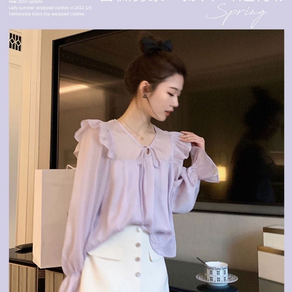 Jiashucheng Áo Sơ Mi Màu Tím Nhỏ Thắt Dây Viền Nấm Phong Cách Sớm Mùa Xuân Mới Cho Nữ