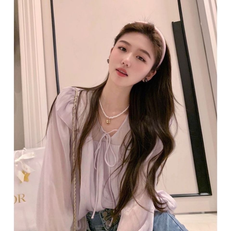 Jiashucheng Áo Sơ Mi Màu Tím Nhỏ Thắt Dây Viền Nấm Phong Cách Sớm Mùa Xuân Mới Cho Nữ