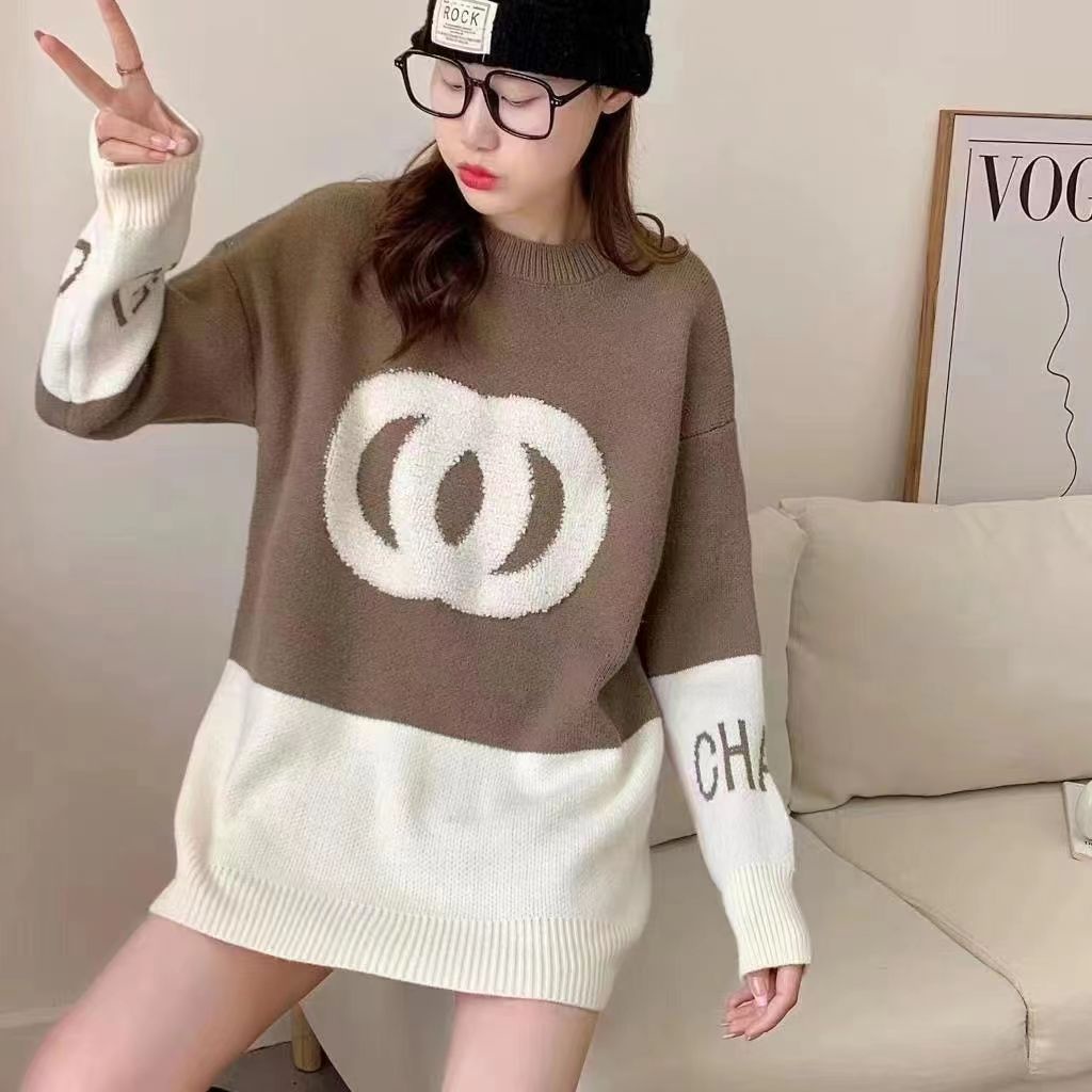 Jiashucheng Áo Sweater Dáng Rộng Dài Đến Giữa Bắp Chân Mềm Mại Màu Tương Phản Phong Cách Mới Mùa Thu Đông